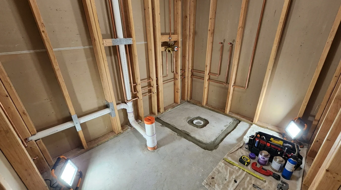 Bathroom rough-in plumbing during remodel by Johns Plumbing LLC in Muscle Shoals