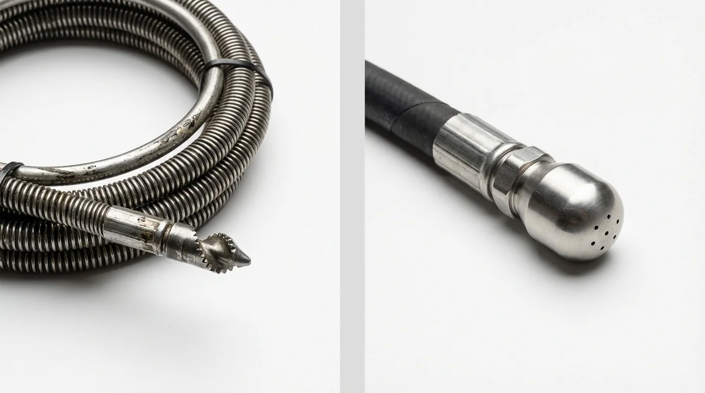Drain snake cable and hydro jetting nozzle used for drain cleaning in Muscle Shoals, AL