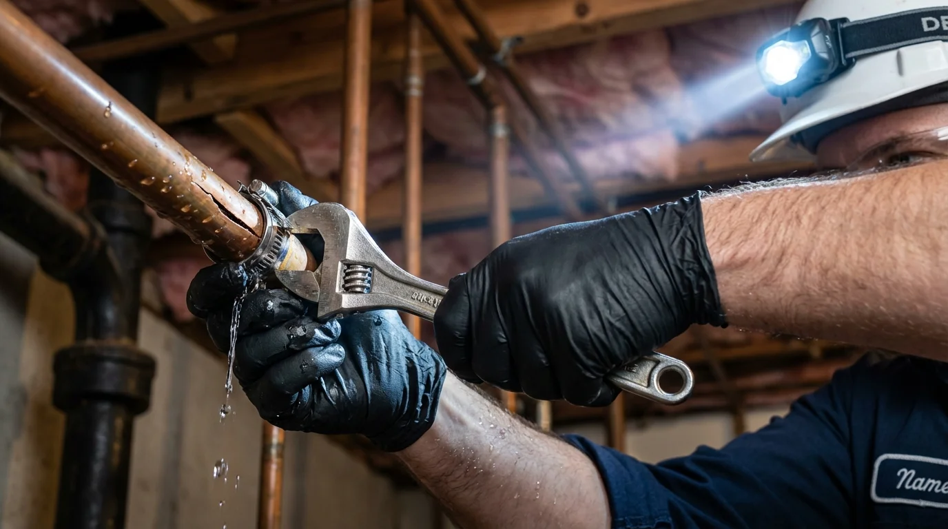 Emergency pipe clamp repair being performed by a Johns Plumbing LLC plumber in Muscle Shoals