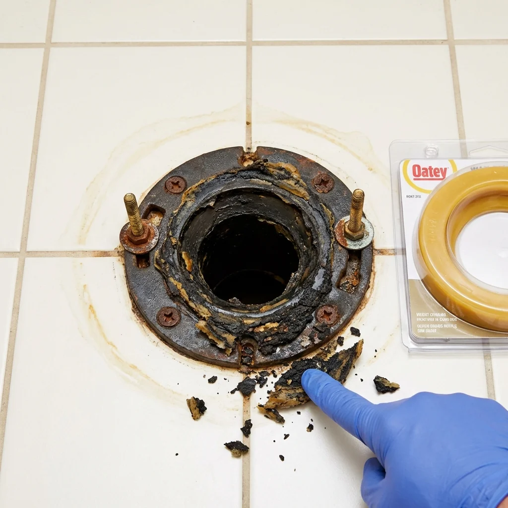 Failed wax ring showing water seepage at the base of a toilet in a Muscle Shoals, AL home