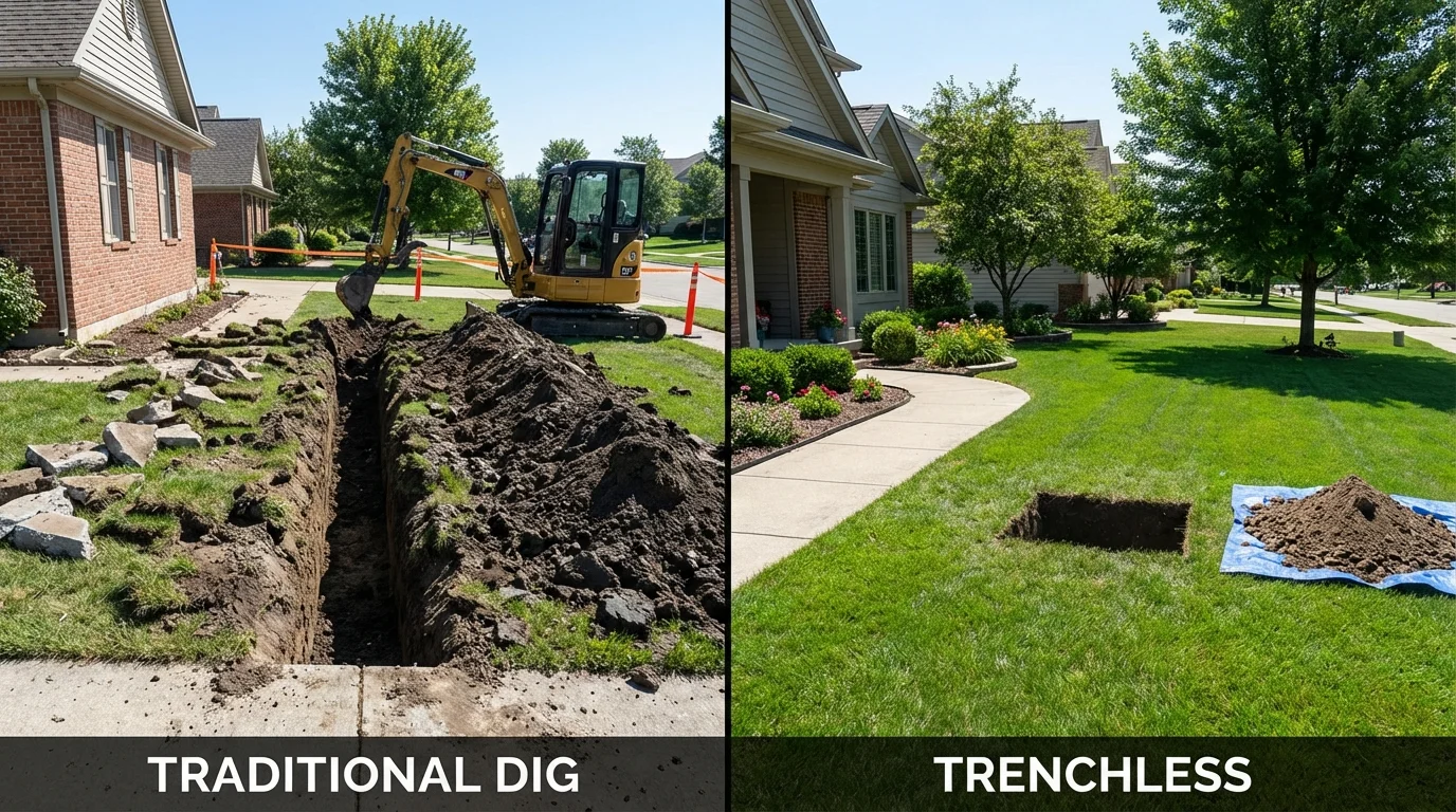 Trenchless sewer repair with minimal yard damage versus traditional excavation in Muscle Shoals, AL