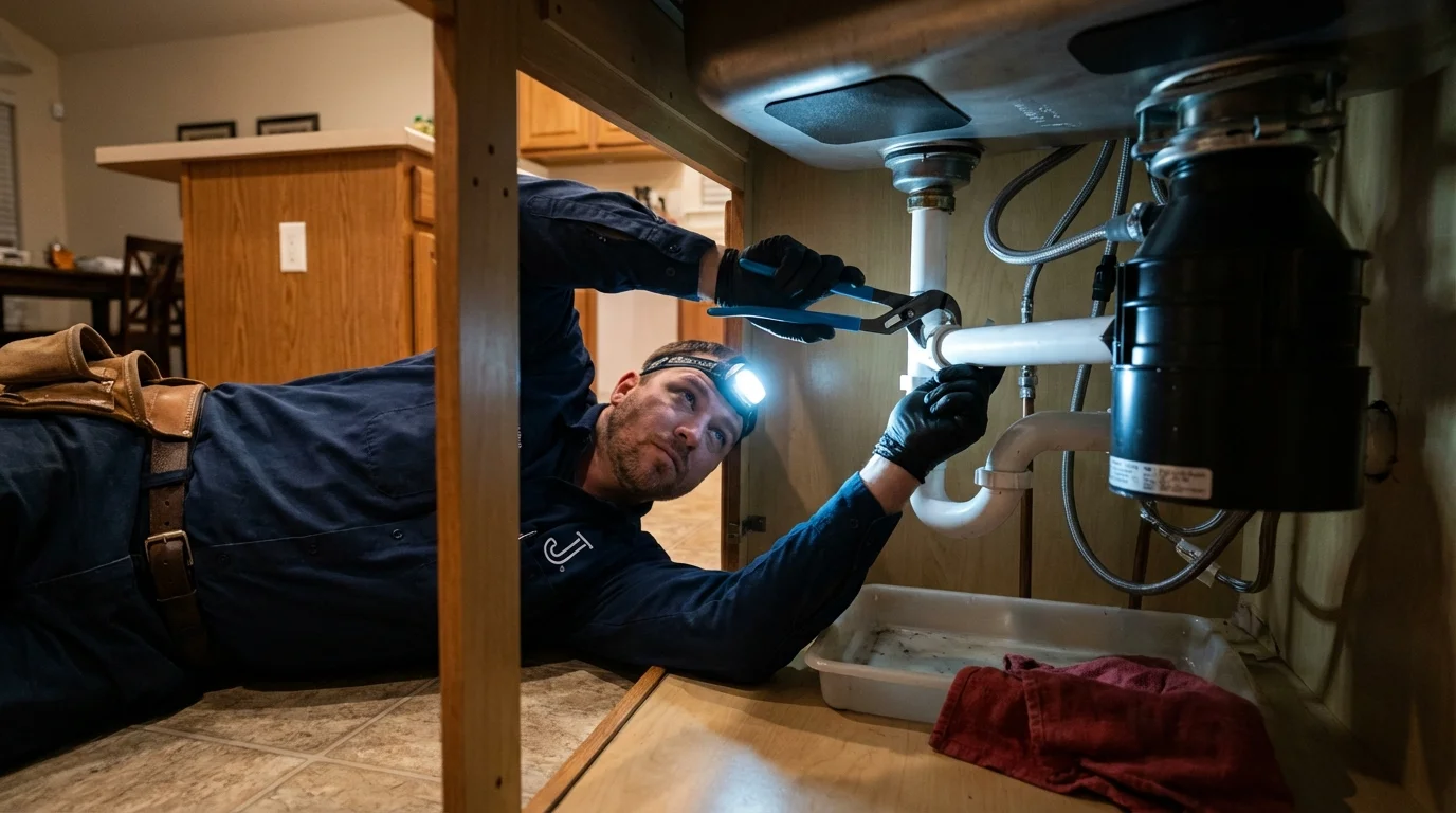 P-trap and supply line connections under a kitchen sink showing a common leak point in Muscle Shoals, AL